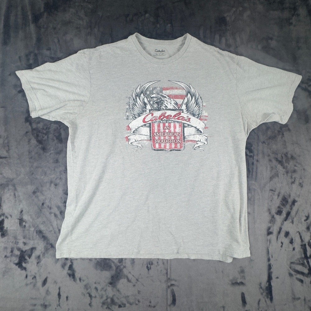 Cabela's Graphic T-Shirt Mens 2XL Gray American Tradition Eagle Flag 4930